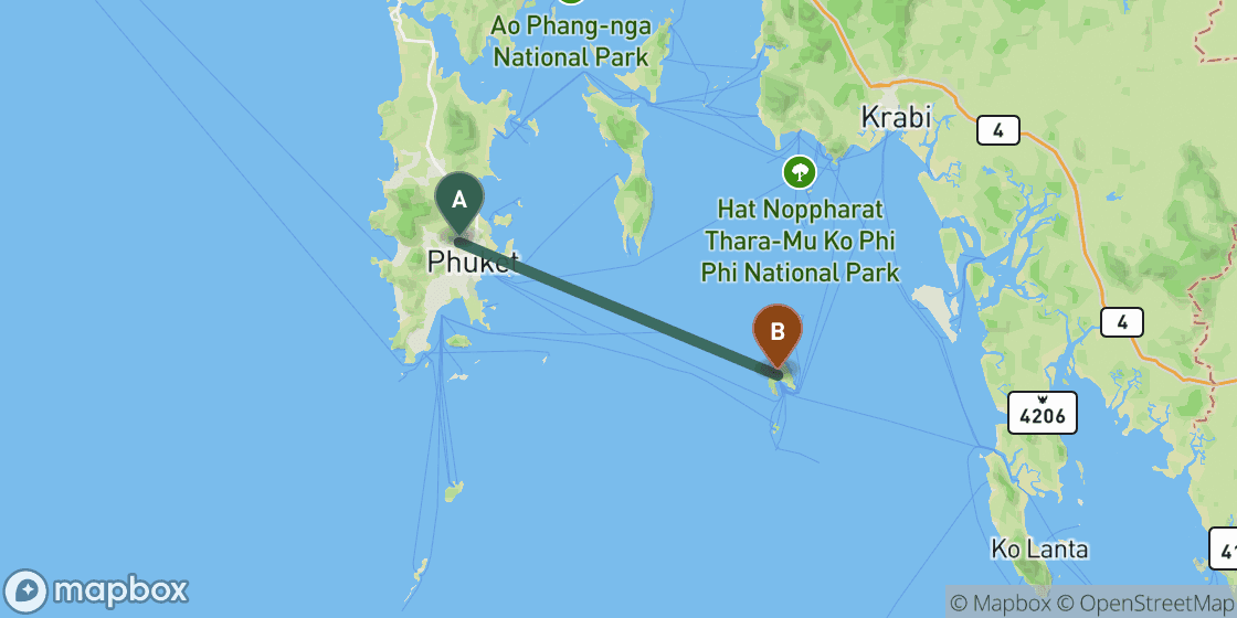 Map showing route from Phuket to Koh Phi Phi - 47 km