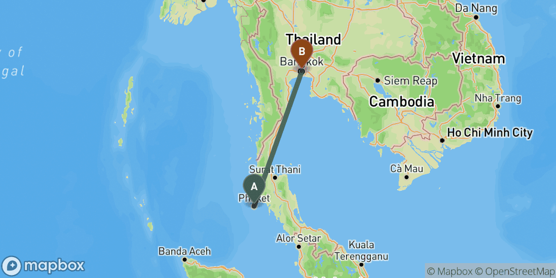Map showing route from Phuket to Bangkok - 693 km
