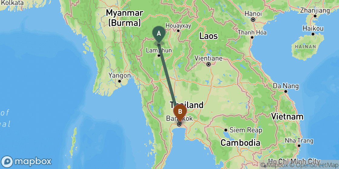 Map showing route from Chiang Mai to Bangkok - 589 km