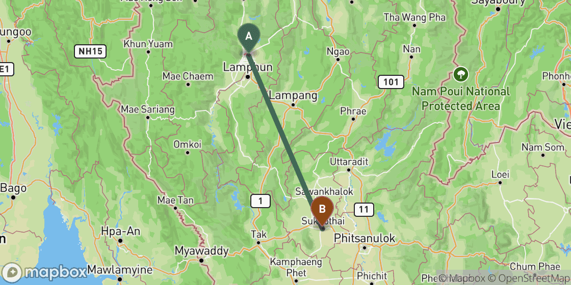 Map showing route from Chiang Mai to Sukhothai - 223 km