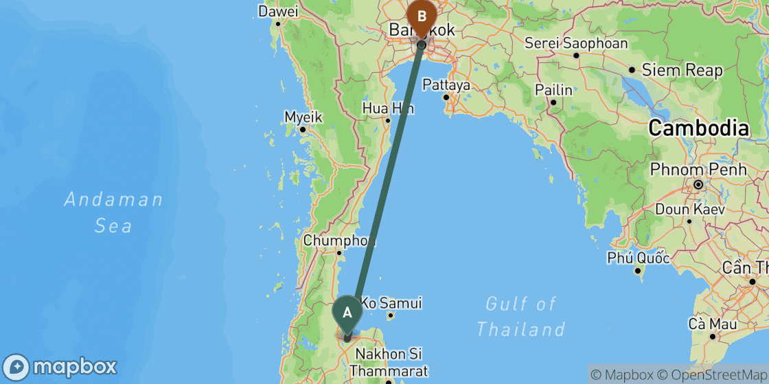 Map showing route from Surat Thani to Bangkok - 529 km