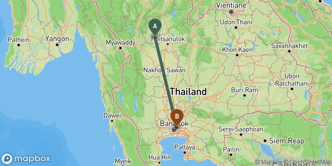Map showing route from Sukhothai to Bangkok - 370 km