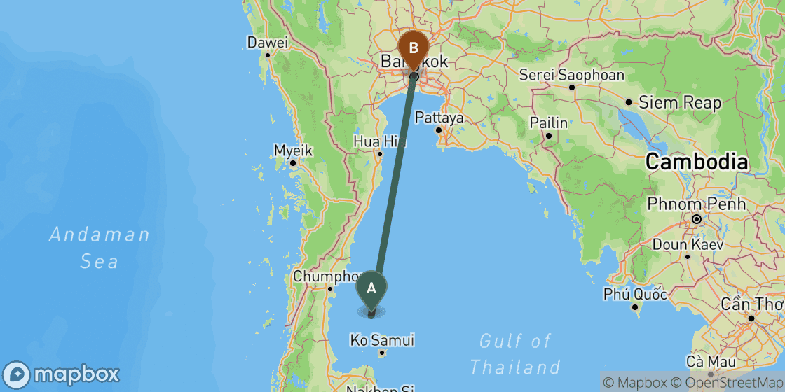 Map showing route from Koh Tao to Bangkok - 414 km