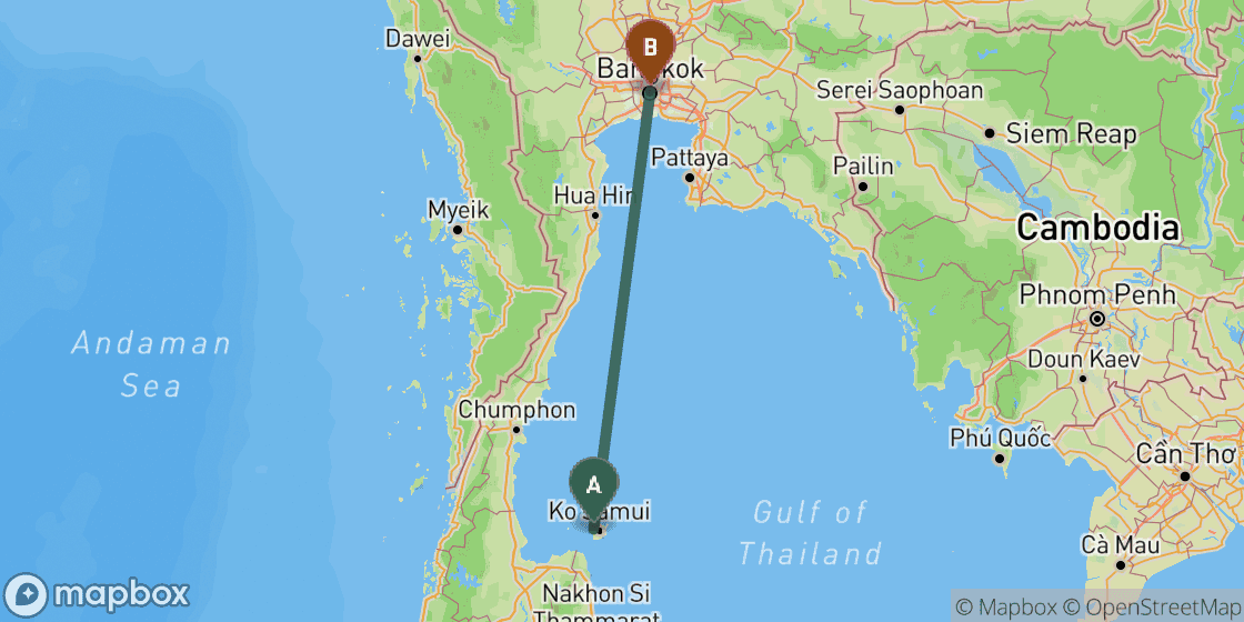 Map showing route from Koh Samui to Bangkok - 476 km