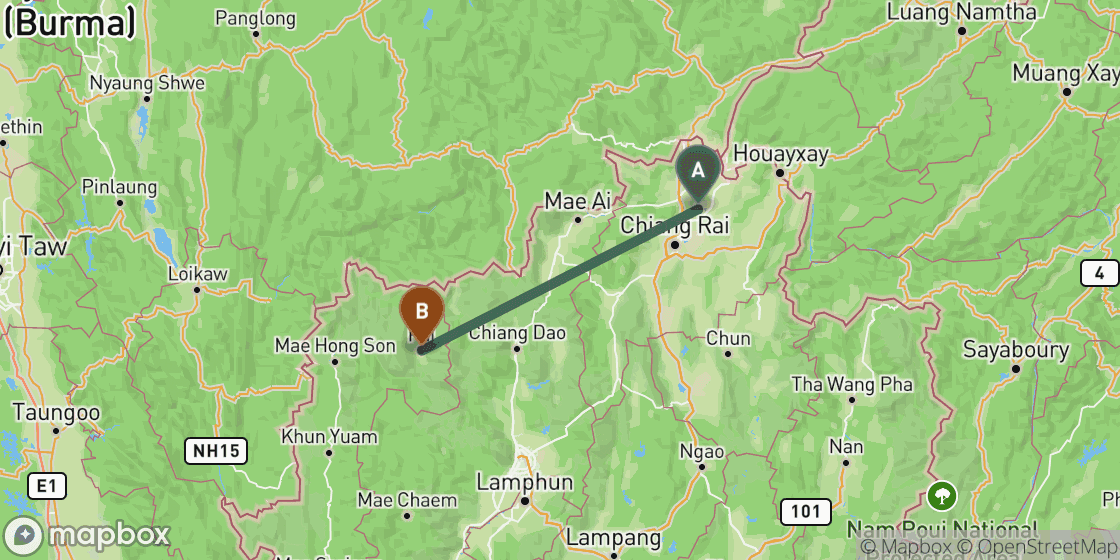 Map showing route from Chiang Rai to Pai - 156 km