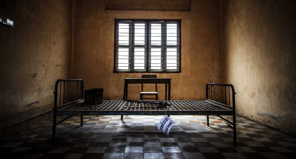 Inside a cell in Tuol Sleng Genocide Museum
